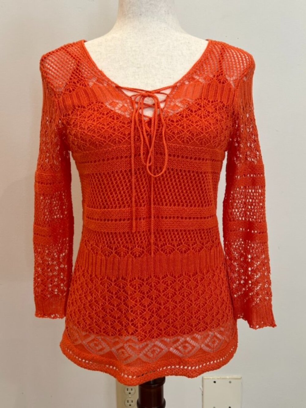 Lauren Ralph Lauren Boho Crochet Top Womens Small Orange Cayenne Linen Open Knit